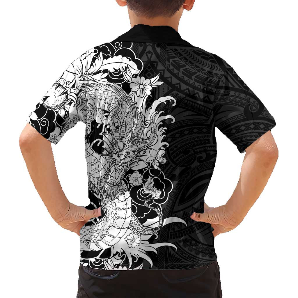 Hawaiian And Japanese Culture Family Matching Long Sleeve Bodycon Dress and Hawaiian Shirt Irezumi Dragon With Polynesian Pattern Black LT05 - Polynesian Pride