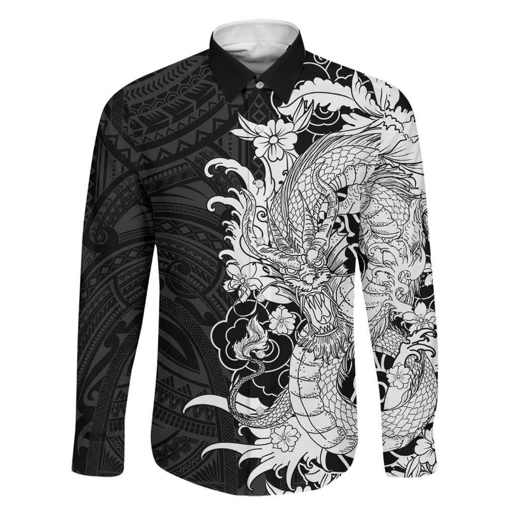 Hawaiian And Japanese Culture Family Matching Long Sleeve Bodycon Dress and Hawaiian Shirt Irezumi Dragon With Polynesian Pattern Black LT05 Dad's Shirt - Long Sleeve Black - Polynesian Pride