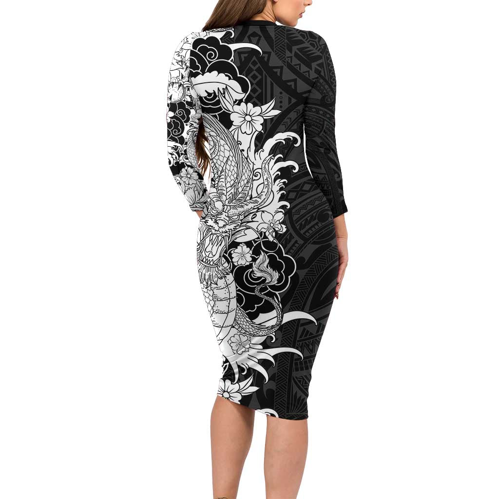 Hawaiian And Japanese Culture Family Matching Long Sleeve Bodycon Dress and Hawaiian Shirt Irezumi Dragon With Polynesian Pattern Black LT05 - Polynesian Pride