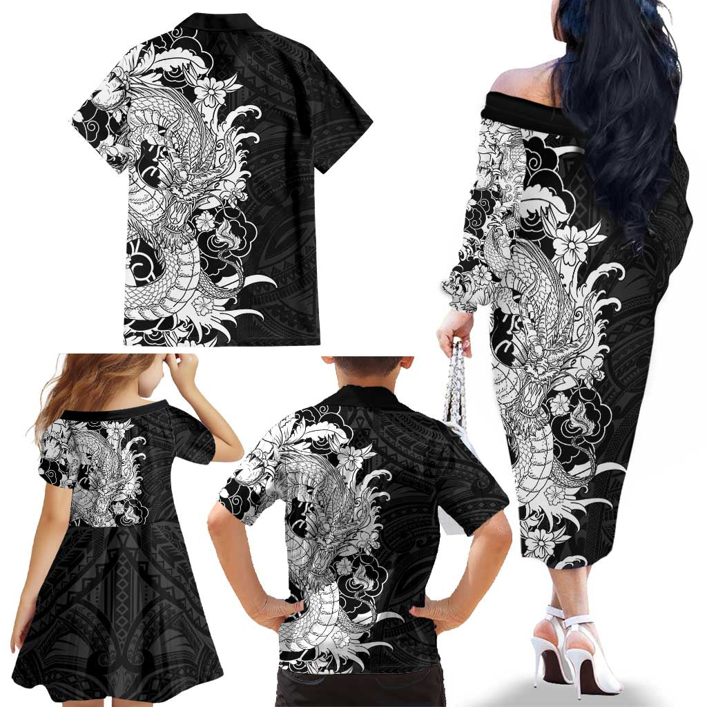 Hawaiian And Japanese Culture Family Matching Off The Shoulder Long Sleeve Dress and Hawaiian Shirt Irezumi Dragon With Polynesian Pattern Black LT05 - Polynesian Pride