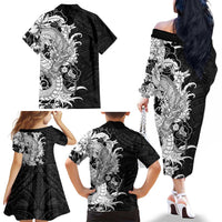 Hawaiian And Japanese Culture Family Matching Off The Shoulder Long Sleeve Dress and Hawaiian Shirt Irezumi Dragon With Polynesian Pattern Black LT05 - Polynesian Pride
