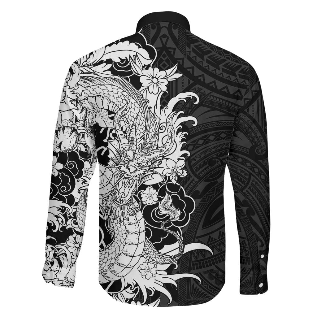 Hawaiian And Japanese Culture Family Matching Off Shoulder Maxi Dress and Hawaiian Shirt Irezumi Dragon With Polynesian Pattern Black LT05 - Polynesian Pride