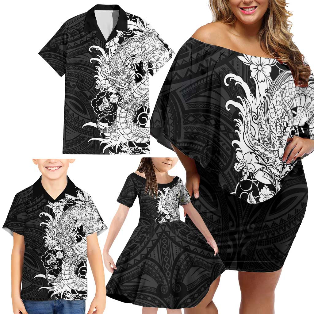 Hawaiian And Japanese Culture Family Matching Off Shoulder Short Dress and Hawaiian Shirt Irezumi Dragon With Polynesian Pattern Black - Polynesian Pride
