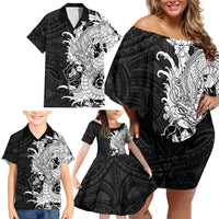 Hawaiian And Japanese Culture Family Matching Off Shoulder Short Dress and Hawaiian Shirt Irezumi Dragon With Polynesian Pattern Black LT05 - Polynesian Pride