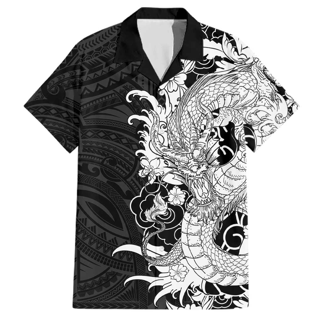 Hawaiian And Japanese Culture Family Matching Off Shoulder Short Dress and Hawaiian Shirt Irezumi Dragon With Polynesian Pattern Black LT05 Dad's Shirt - Short Sleeve Black - Polynesian Pride