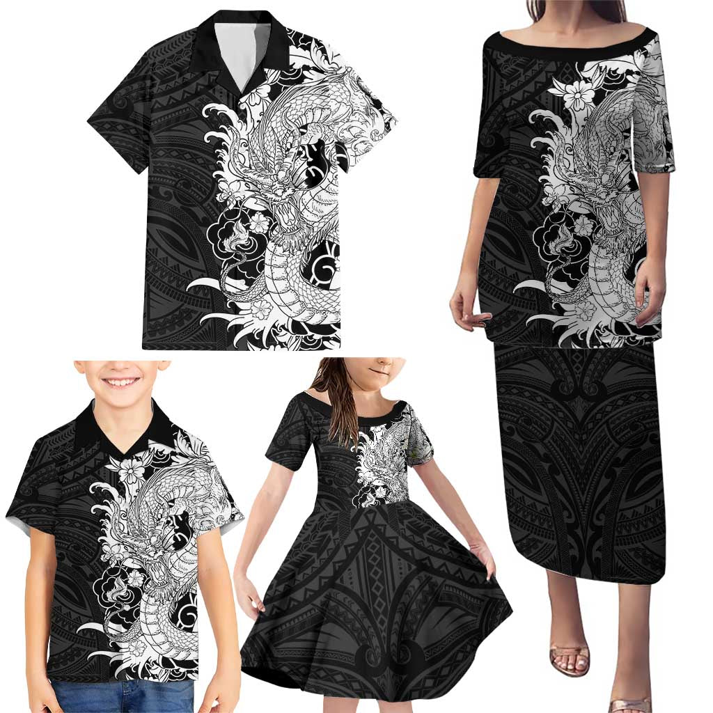 Hawaiian And Japanese Culture Family Matching Puletasi and Hawaiian Shirt Irezumi Dragon With Polynesian Pattern Black - Polynesian Pride