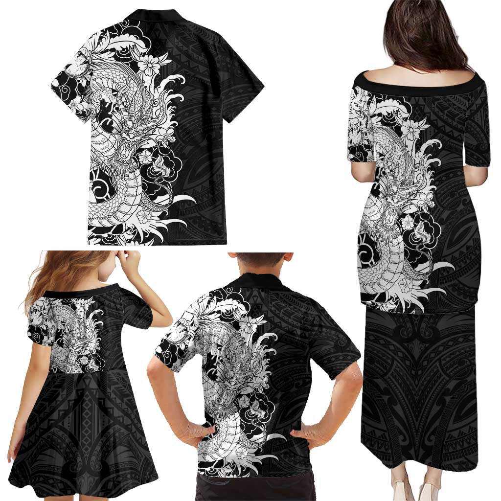 Hawaiian And Japanese Culture Family Matching Puletasi and Hawaiian Shirt Irezumi Dragon With Polynesian Pattern Black LT05 - Polynesian Pride