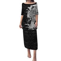 Hawaiian And Japanese Culture Family Matching Puletasi and Hawaiian Shirt Irezumi Dragon With Polynesian Pattern Black LT05 Mom's Dress Black - Polynesian Pride
