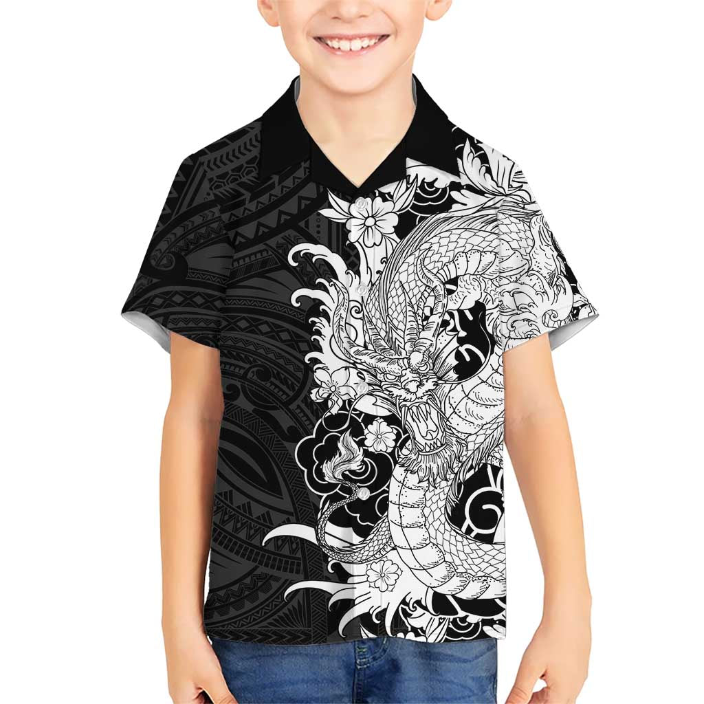 Hawaiian And Japanese Culture Family Matching Puletasi and Hawaiian Shirt Irezumi Dragon With Polynesian Pattern Black LT05 Son's Shirt Black - Polynesian Pride
