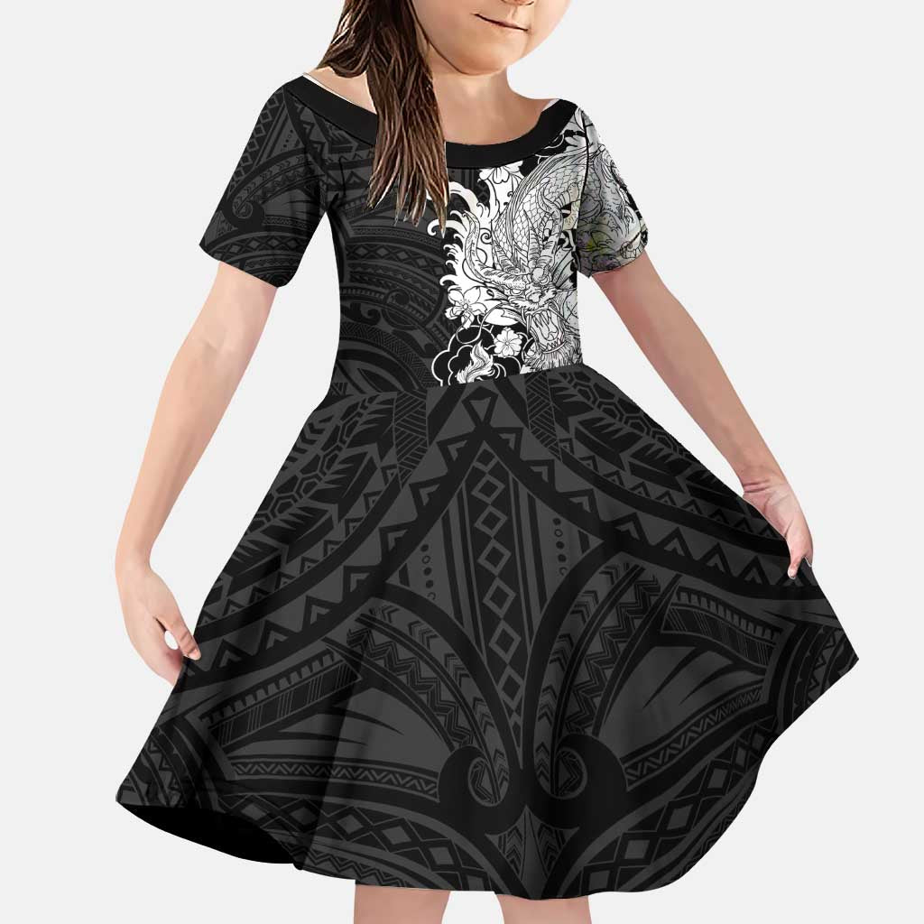 Hawaiian And Japanese Culture Family Matching Summer Maxi Dress and Hawaiian Shirt Irezumi Dragon With Polynesian Pattern Black LT05 Daughter's Dress Black - Polynesian Pride