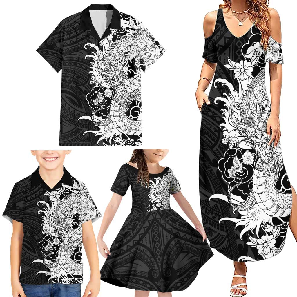 Hawaiian And Japanese Culture Family Matching Summer Maxi Dress and Hawaiian Shirt Irezumi Dragon With Polynesian Pattern Black LT05 - Polynesian Pride