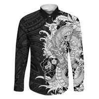 Hawaiian And Japanese Culture Family Matching Summer Maxi Dress and Hawaiian Shirt Irezumi Dragon With Polynesian Pattern Black LT05 Dad's Shirt - Long Sleeve Black - Polynesian Pride