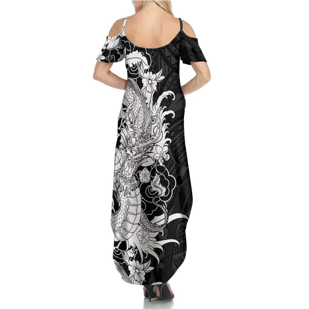 Hawaiian And Japanese Culture Family Matching Summer Maxi Dress and Hawaiian Shirt Irezumi Dragon With Polynesian Pattern Black LT05 - Polynesian Pride