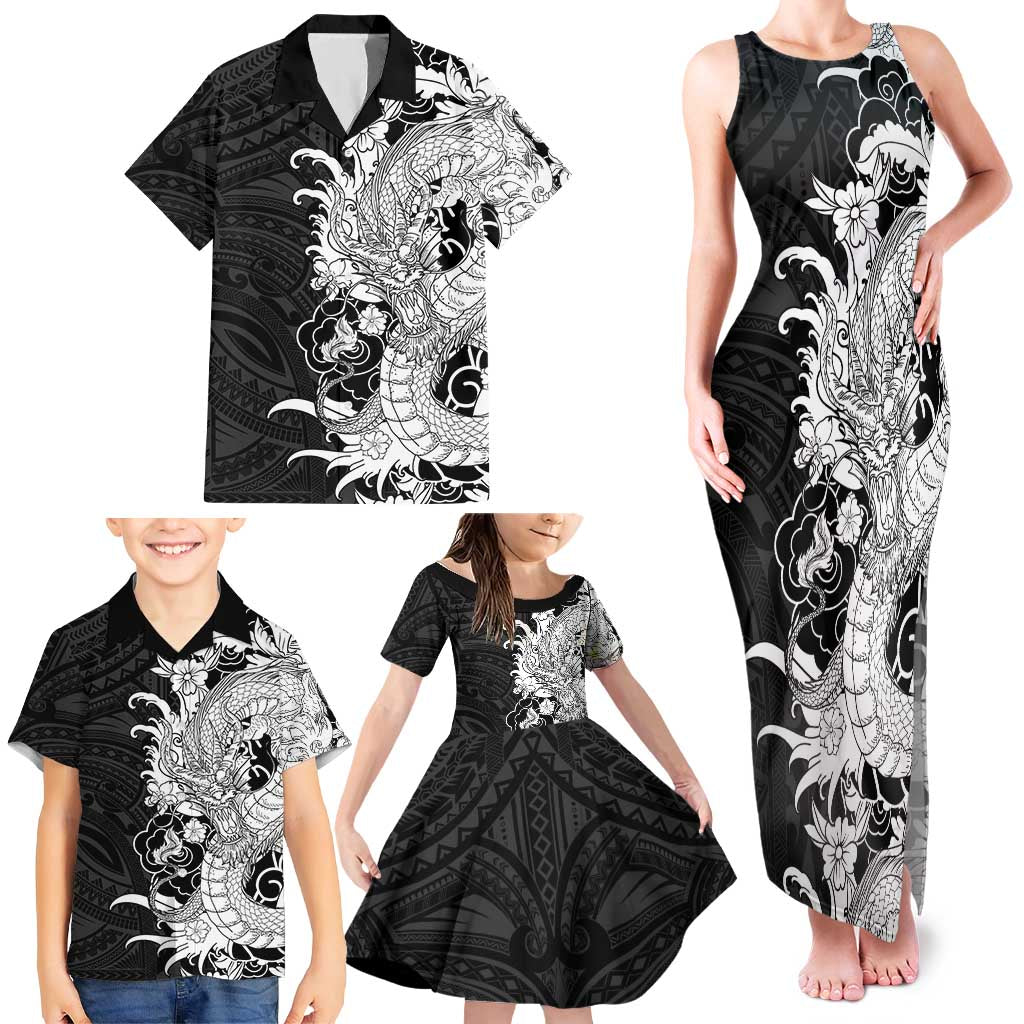 Hawaiian And Japanese Culture Family Matching Tank Maxi Dress and Hawaiian Shirt Irezumi Dragon With Polynesian Pattern Black LT05 - Polynesian Pride