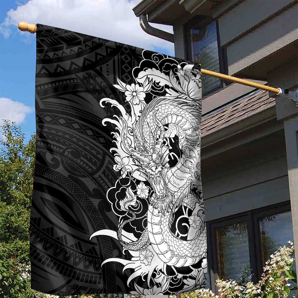 Hawaiian And Japanese Culture Garden Flag Irezumi Dragon With Polynesian Pattern Black LT05 - Polynesian Pride