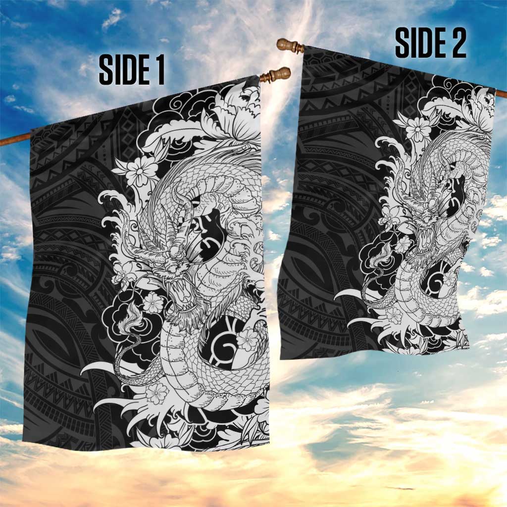 Hawaiian And Japanese Culture Garden Flag Irezumi Dragon With Polynesian Pattern Black LT05 - Polynesian Pride