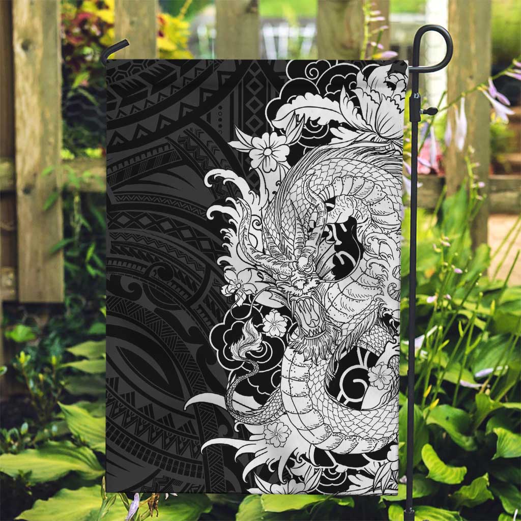 Hawaiian And Japanese Culture Garden Flag Irezumi Dragon With Polynesian Pattern Black LT05 Garden Flag Black - Polynesian Pride