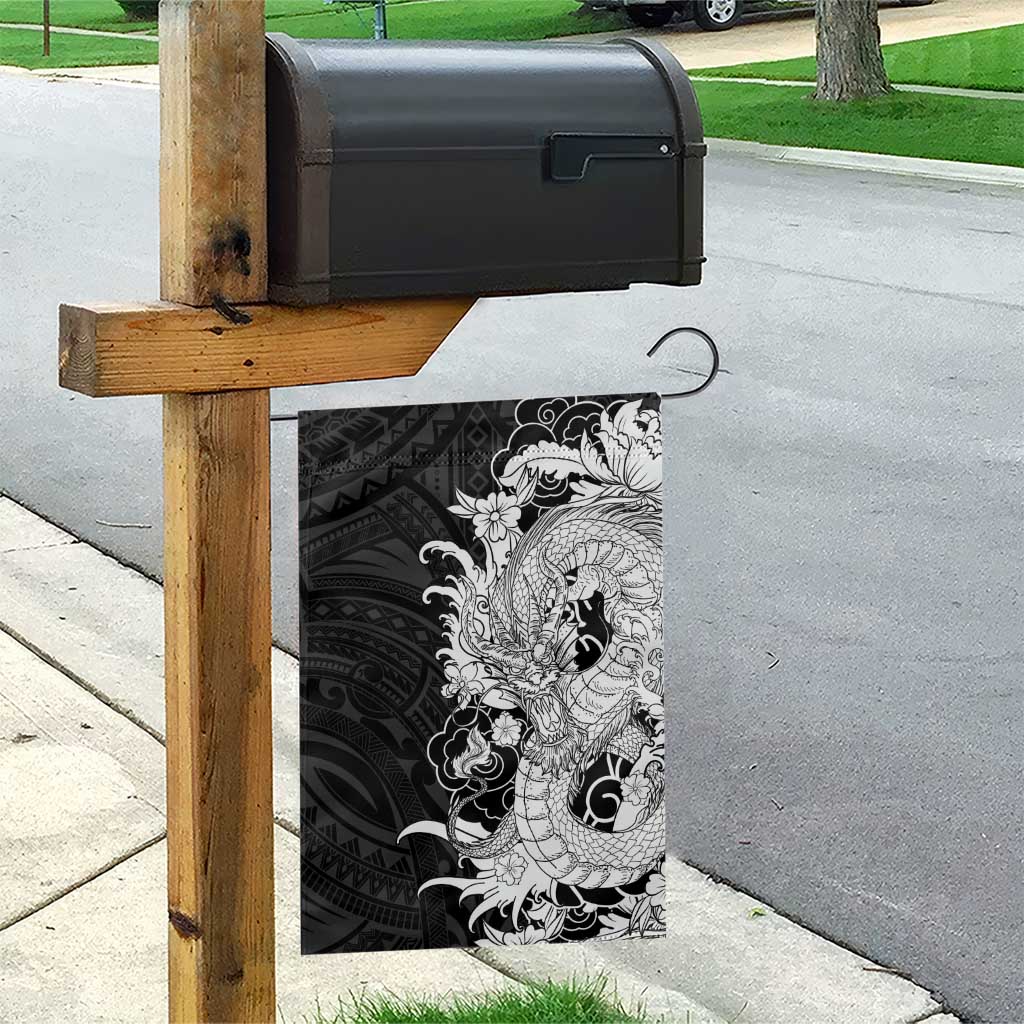 Hawaiian And Japanese Culture Garden Flag Irezumi Dragon With Polynesian Pattern Black LT05 - Polynesian Pride