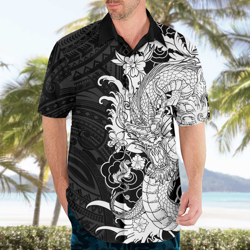 Hawaiian And Japanese Culture Hawaiian Shirt Irezumi Dragon With Polynesian Pattern Black - Polynesian Pride