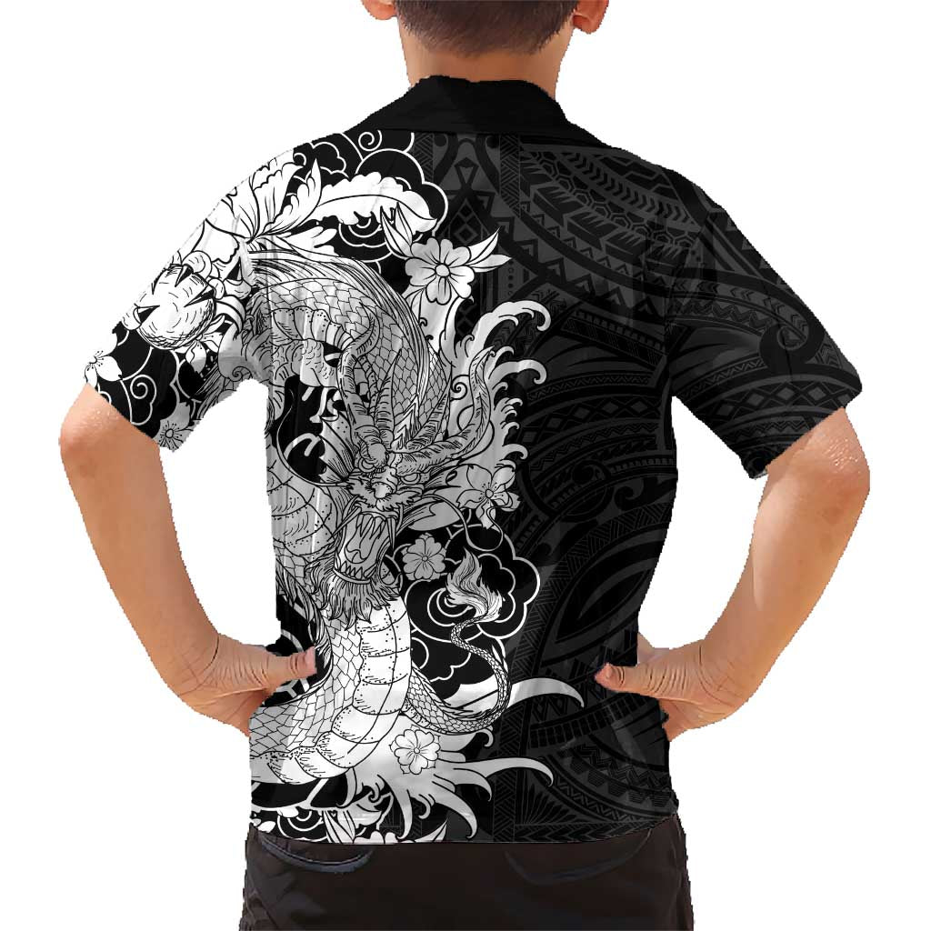 Hawaiian And Japanese Culture Hawaiian Shirt Irezumi Dragon With Polynesian Pattern Black - Polynesian Pride