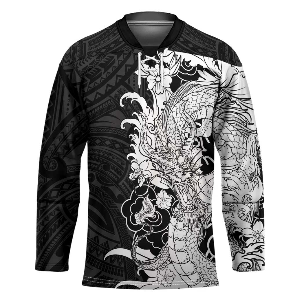 Hawaiian And Japanese Culture Hockey Jersey Irezumi Dragon With Polynesian Pattern Black - Polynesian Pride