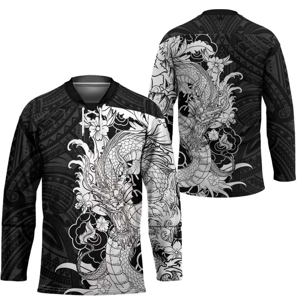 Hawaiian And Japanese Culture Hockey Jersey Irezumi Dragon With Polynesian Pattern Black - Polynesian Pride