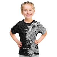 Hawaiian And Japanese Culture Kid T Shirt Irezumi Dragon With Polynesian Pattern Black - Polynesian Pride