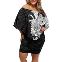 Hawaiian And Japanese Culture Off Shoulder Short Dress Irezumi Dragon With Polynesian Pattern Black - Polynesian Pride