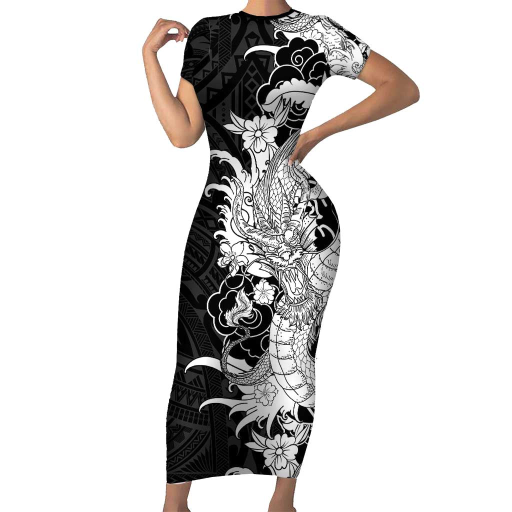 Hawaiian And Japanese Culture Short Sleeve Bodycon Dress Irezumi Dragon With Polynesian Pattern Black LT05 Long Dress Black - Polynesian Pride