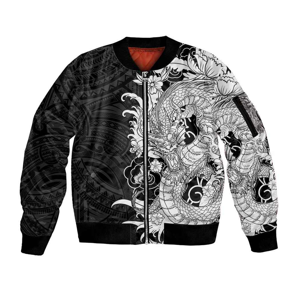 Hawaiian And Japanese Culture Sleeve Zip Bomber Jacket Irezumi Dragon With Polynesian Pattern Black LT05 Unisex Black - Polynesian Pride