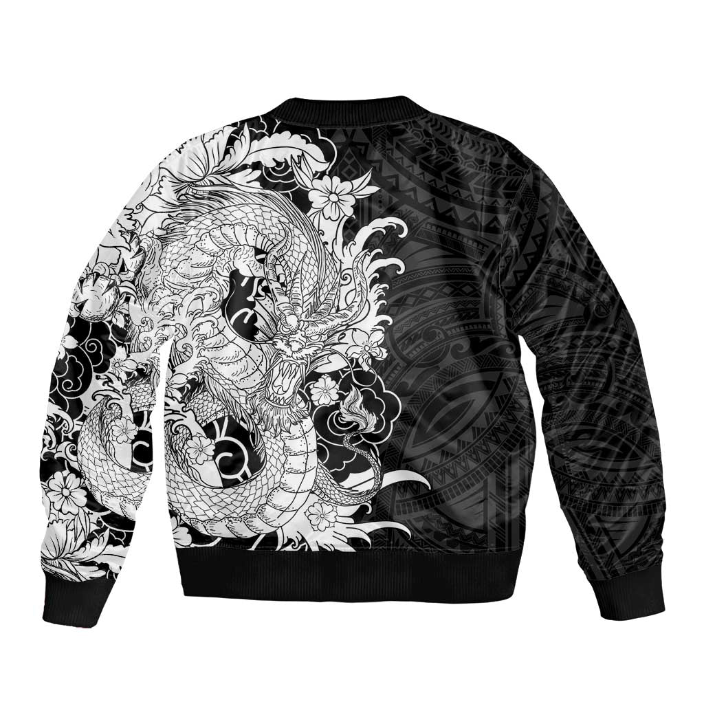 Hawaiian And Japanese Culture Sleeve Zip Bomber Jacket Irezumi Dragon With Polynesian Pattern Black LT05 - Polynesian Pride