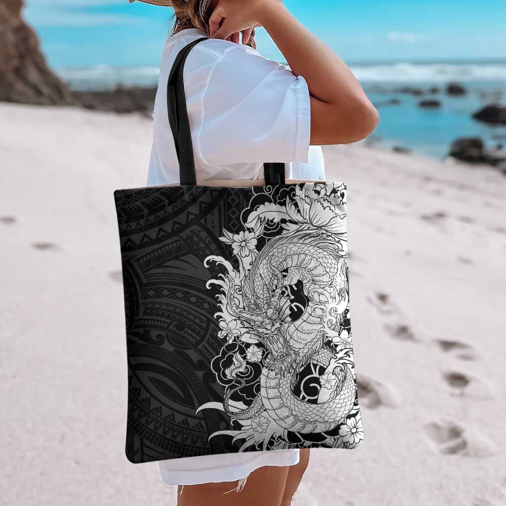 Hawaiian And Japanese Culture Tote Bag Irezumi Dragon With Polynesian Pattern Black LT05 - Polynesian Pride