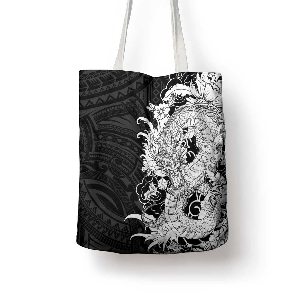 Hawaiian And Japanese Culture Tote Bag Irezumi Dragon With Polynesian Pattern Black LT05 - Polynesian Pride