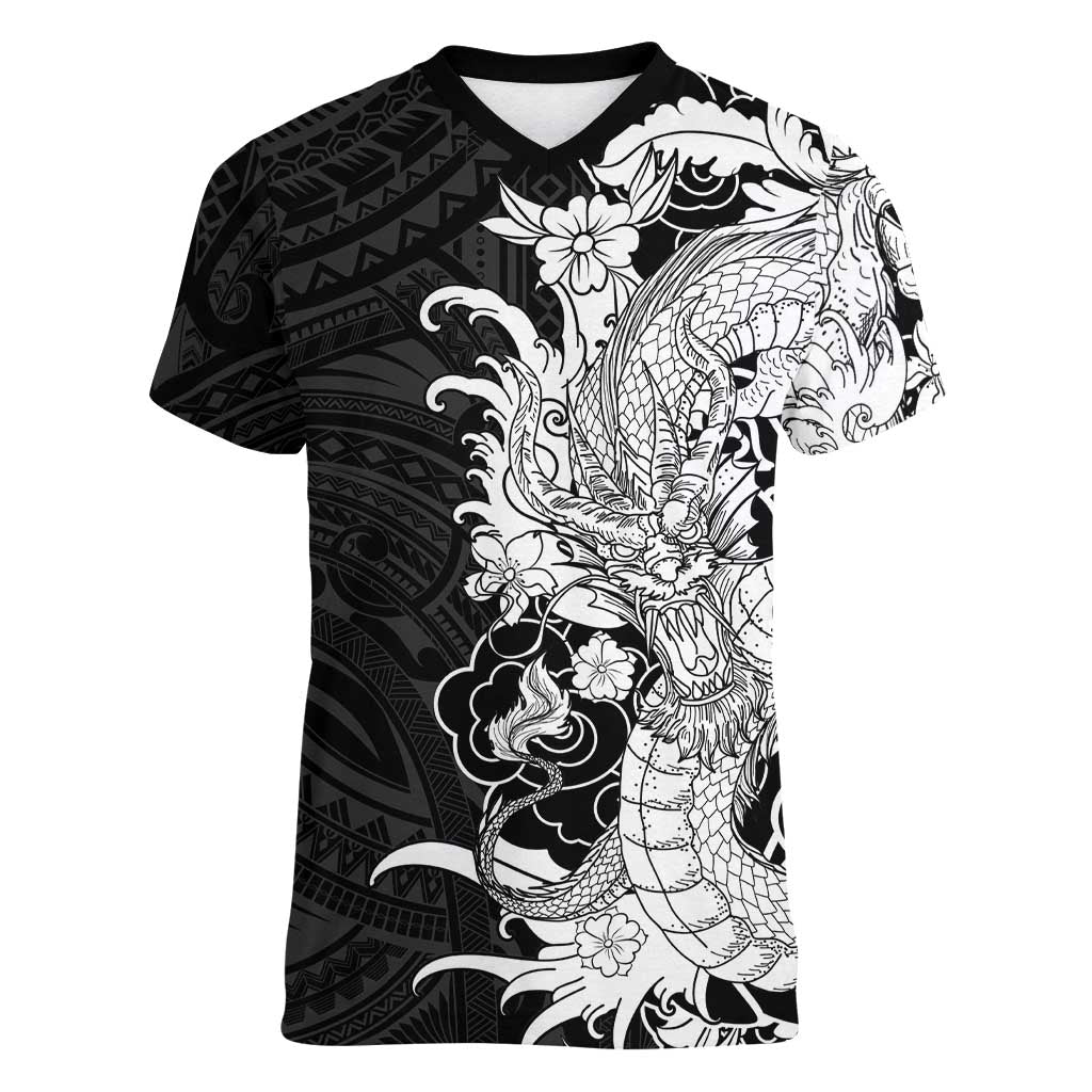 Hawaiian And Japanese Culture Women V-Neck T-Shirt Irezumi Dragon With Polynesian Pattern Black - Polynesian Pride