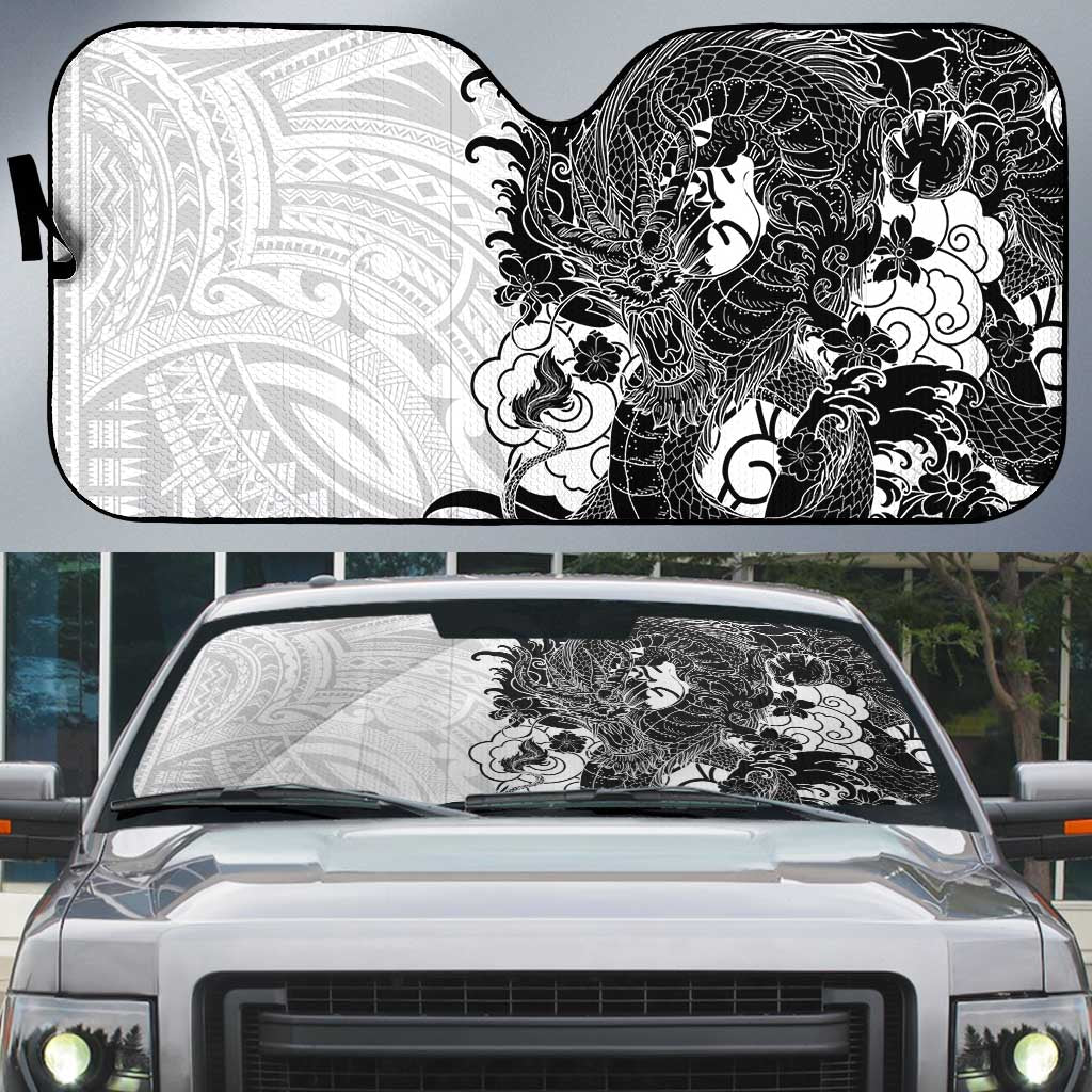 Hawaiian And Japanese Culture Auto Sun Shade Irezumi Dragon With Polynesian Pattern White LT05 White - Polynesian Pride