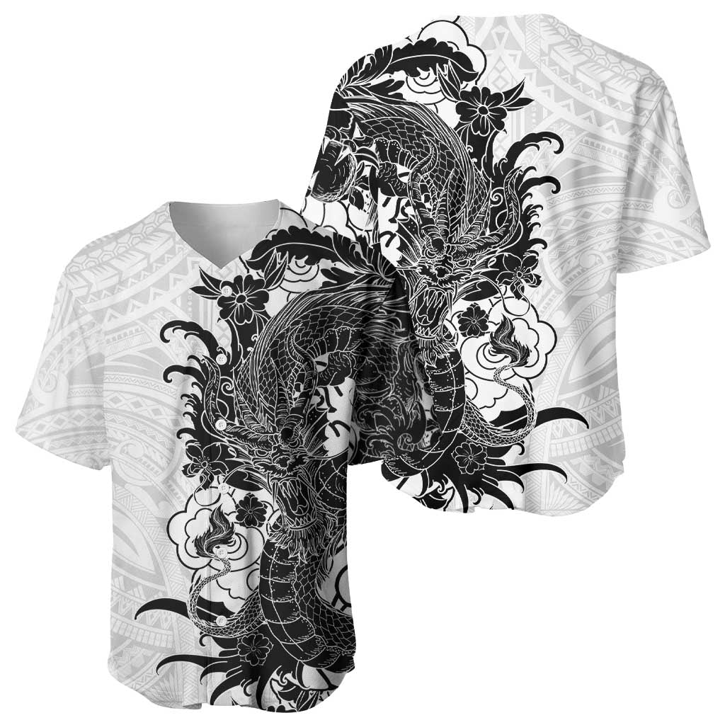 Hawaiian And Japanese Culture Baseball Jersey Irezumi Dragon With Polynesian Pattern White - Polynesian Pride