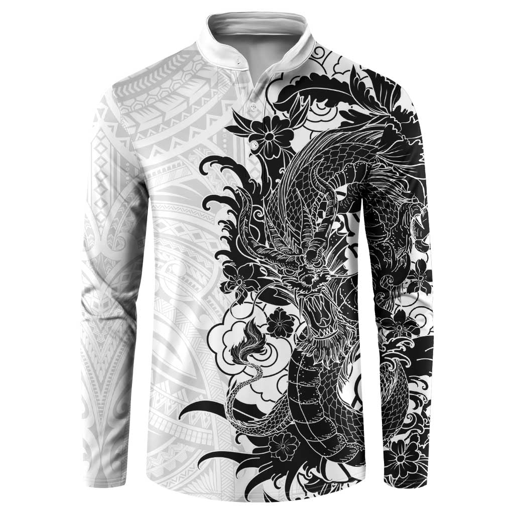 Hawaiian And Japanese Culture Button Sweatshirt Irezumi Dragon With Polynesian Pattern White LT05 White - Polynesian Pride