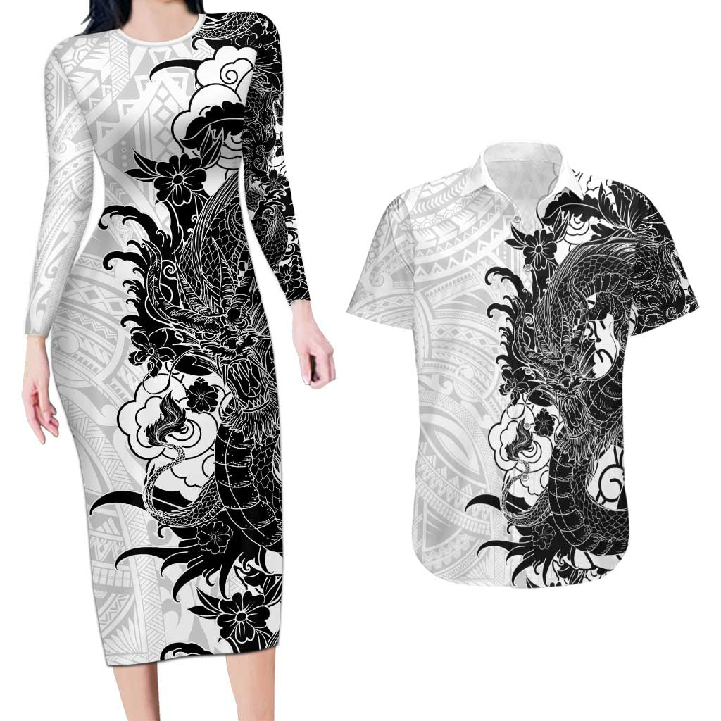 Hawaiian And Japanese Culture Couples Matching Long Sleeve Bodycon Dress and Hawaiian Shirt Irezumi Dragon With Polynesian Pattern White LT05 White - Polynesian Pride
