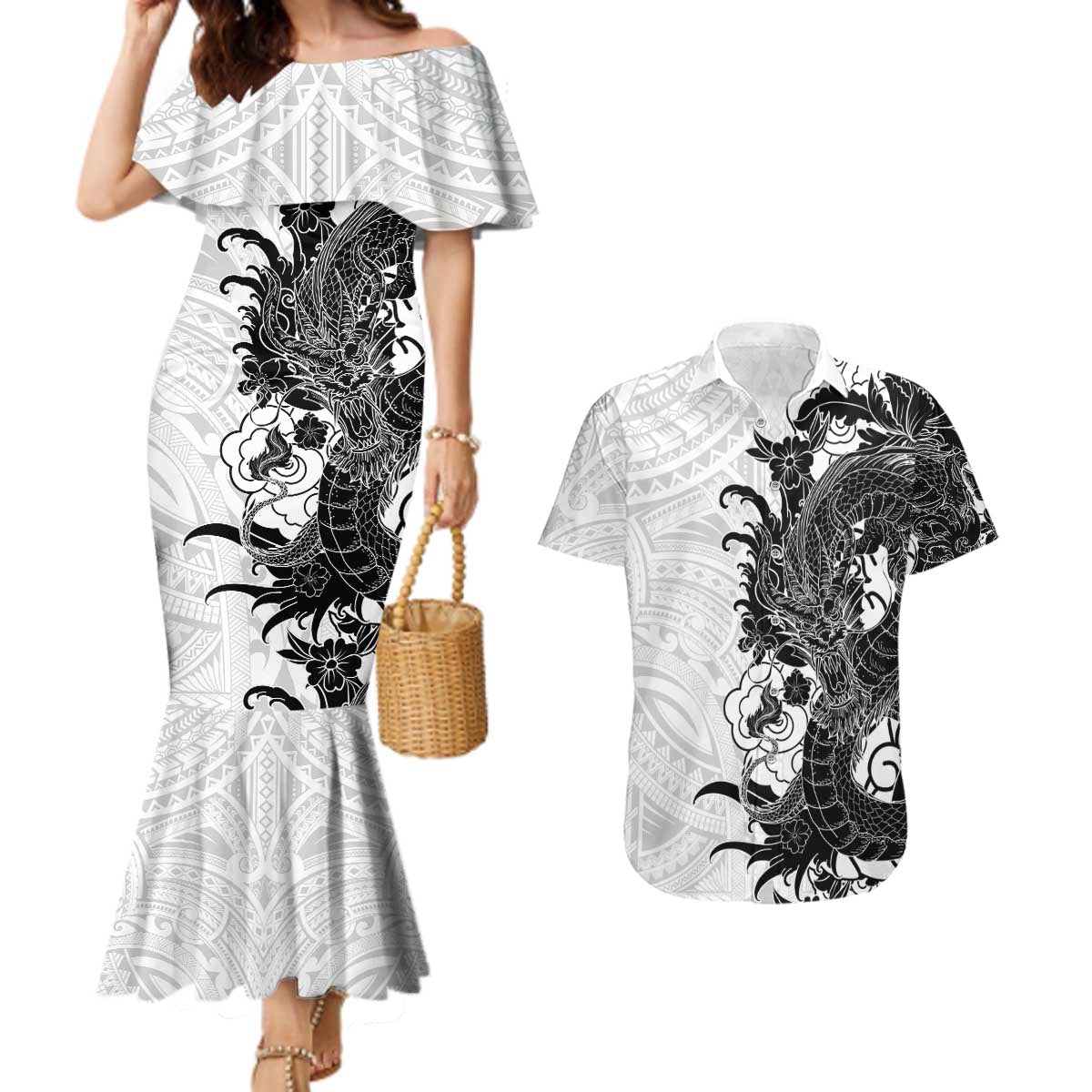 Hawaiian And Japanese Culture Couples Matching Mermaid Dress and Hawaiian Shirt Irezumi Dragon With Polynesian Pattern White - Polynesian Pride