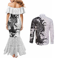 Hawaiian And Japanese Culture Couples Matching Mermaid Dress and Long Sleeve Button Shirt Irezumi Dragon With Polynesian Pattern White LT05 - Polynesian Pride