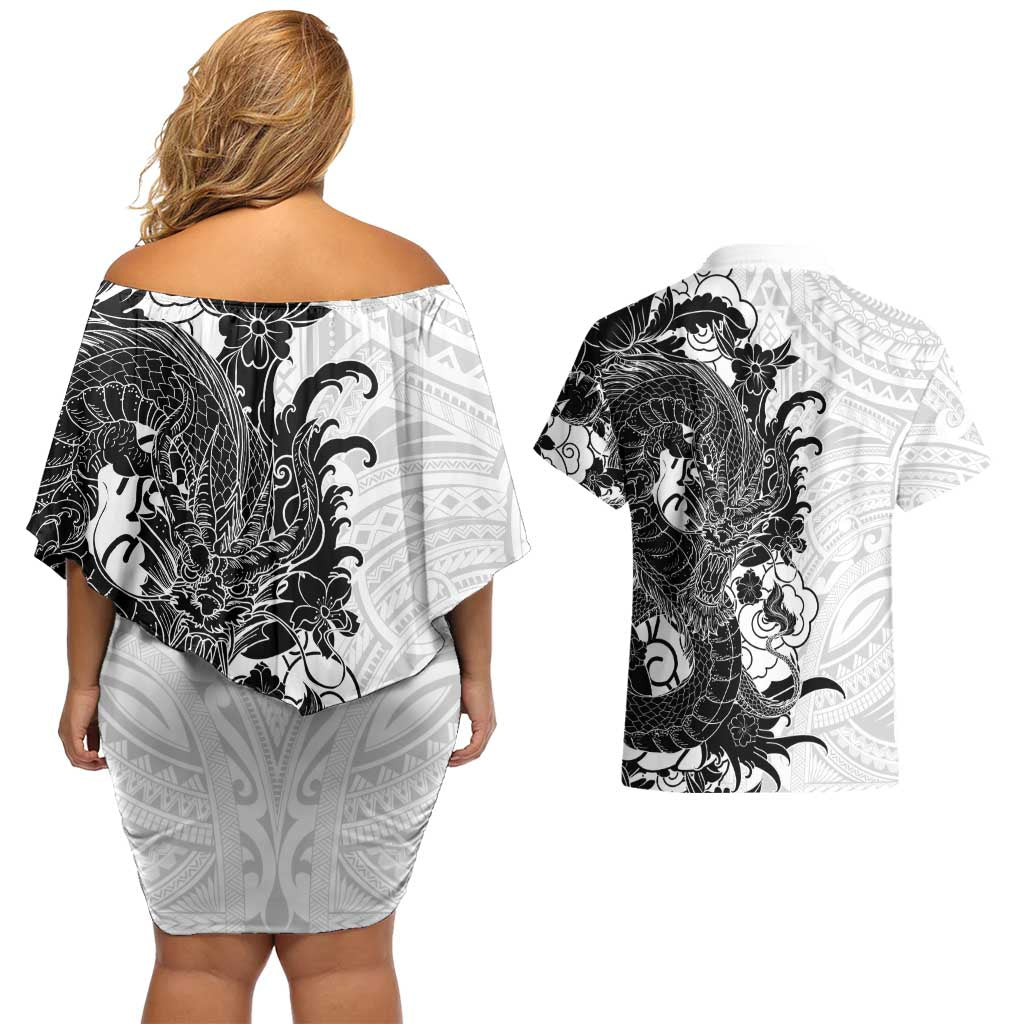 Hawaiian And Japanese Culture Couples Matching Off Shoulder Short Dress and Hawaiian Shirt Irezumi Dragon With Polynesian Pattern White - Polynesian Pride