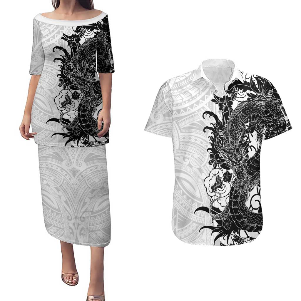 Hawaiian And Japanese Culture Couples Matching Puletasi and Hawaiian Shirt Irezumi Dragon With Polynesian Pattern White - Polynesian Pride