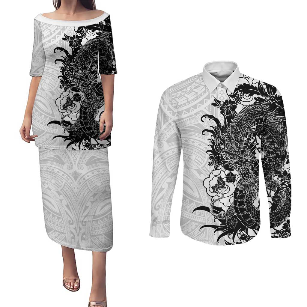 Hawaiian And Japanese Culture Couples Matching Puletasi and Long Sleeve Button Shirt Irezumi Dragon With Polynesian Pattern White - Polynesian Pride