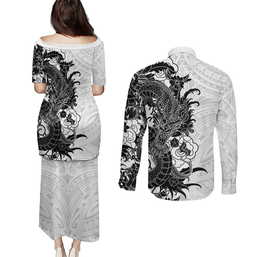 Hawaiian And Japanese Culture Couples Matching Puletasi and Long Sleeve Button Shirt Irezumi Dragon With Polynesian Pattern White - Polynesian Pride