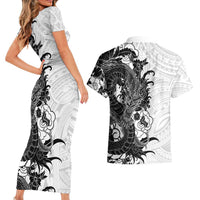 Hawaiian And Japanese Culture Couples Matching Short Sleeve Bodycon Dress and Hawaiian Shirt Irezumi Dragon With Polynesian Pattern White LT05 - Polynesian Pride