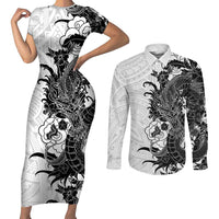 Hawaiian And Japanese Culture Couples Matching Short Sleeve Bodycon Dress and Long Sleeve Button Shirt Irezumi Dragon With Polynesian Pattern White - Polynesian Pride