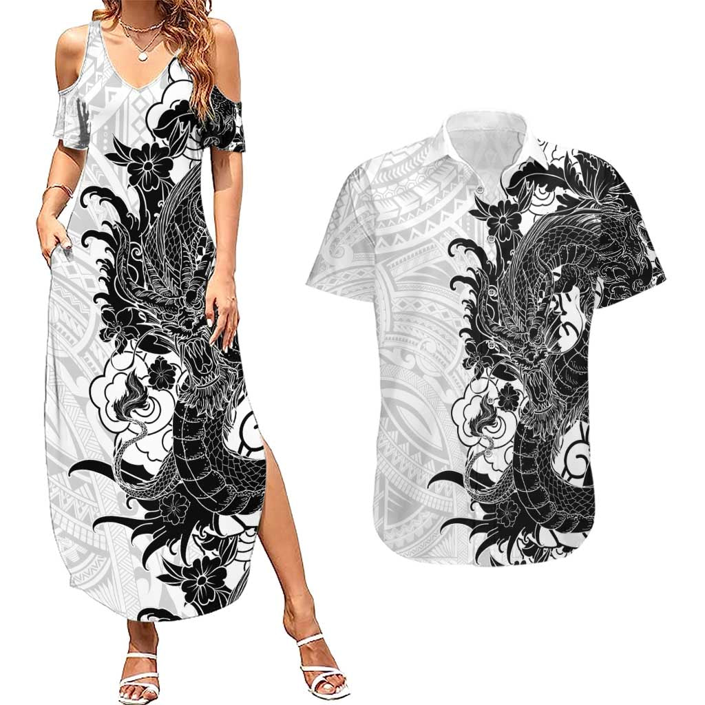 Hawaiian And Japanese Culture Couples Matching Summer Maxi Dress and Hawaiian Shirt Irezumi Dragon With Polynesian Pattern White - Polynesian Pride