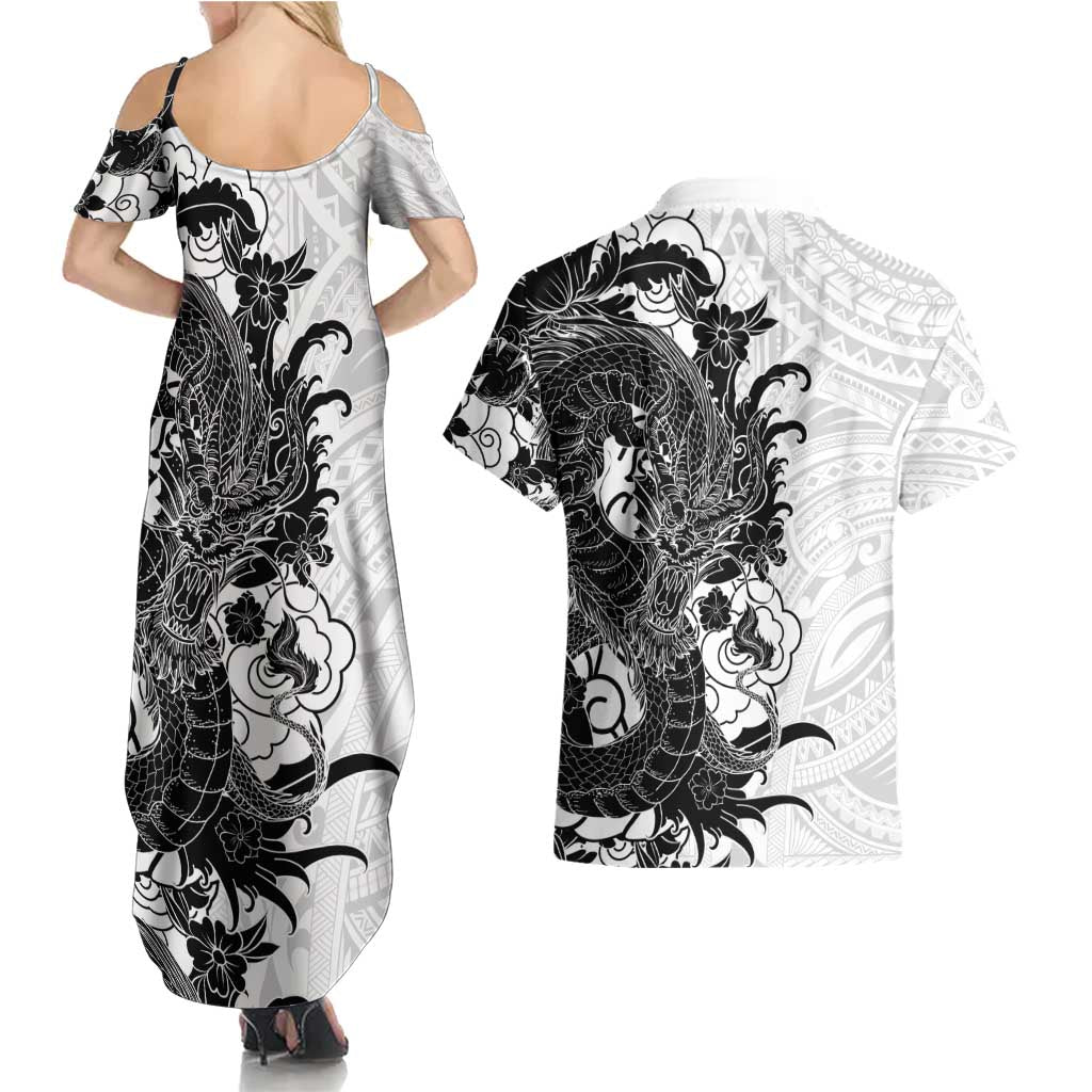 Hawaiian And Japanese Culture Couples Matching Summer Maxi Dress and Hawaiian Shirt Irezumi Dragon With Polynesian Pattern White - Polynesian Pride