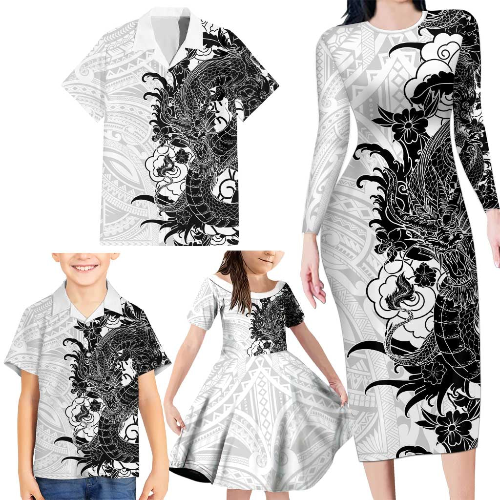 Hawaiian And Japanese Culture Family Matching Long Sleeve Bodycon Dress and Hawaiian Shirt Irezumi Dragon With Polynesian Pattern White LT05 - Polynesian Pride