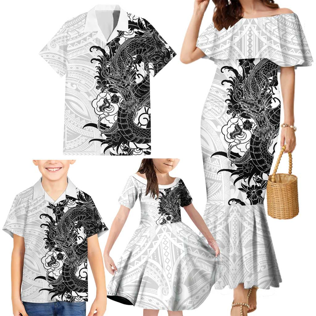 Hawaiian And Japanese Culture Family Matching Mermaid Dress and Hawaiian Shirt Irezumi Dragon With Polynesian Pattern White LT05 - Polynesian Pride